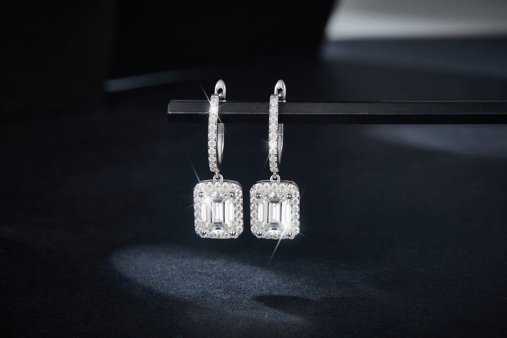 S925 Sterling Silver 6x8mm Emerald Cut Moissanite Halo Hoop Earrings  Platinum Plated Drop Earrings With GRA Certificate Luxury Jewelry Gift Box Set Vera Lux