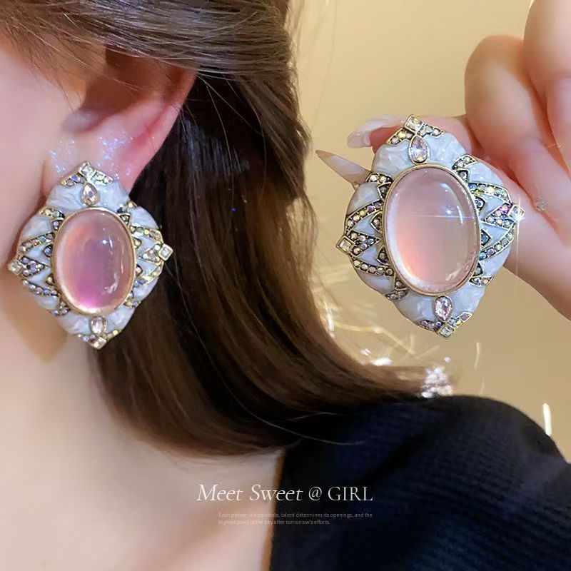 Niche Vintage Retro Earrings, Oval & Rhombus Diamond Studs, Luxury High-end Ear Jewelry Vera Lux
