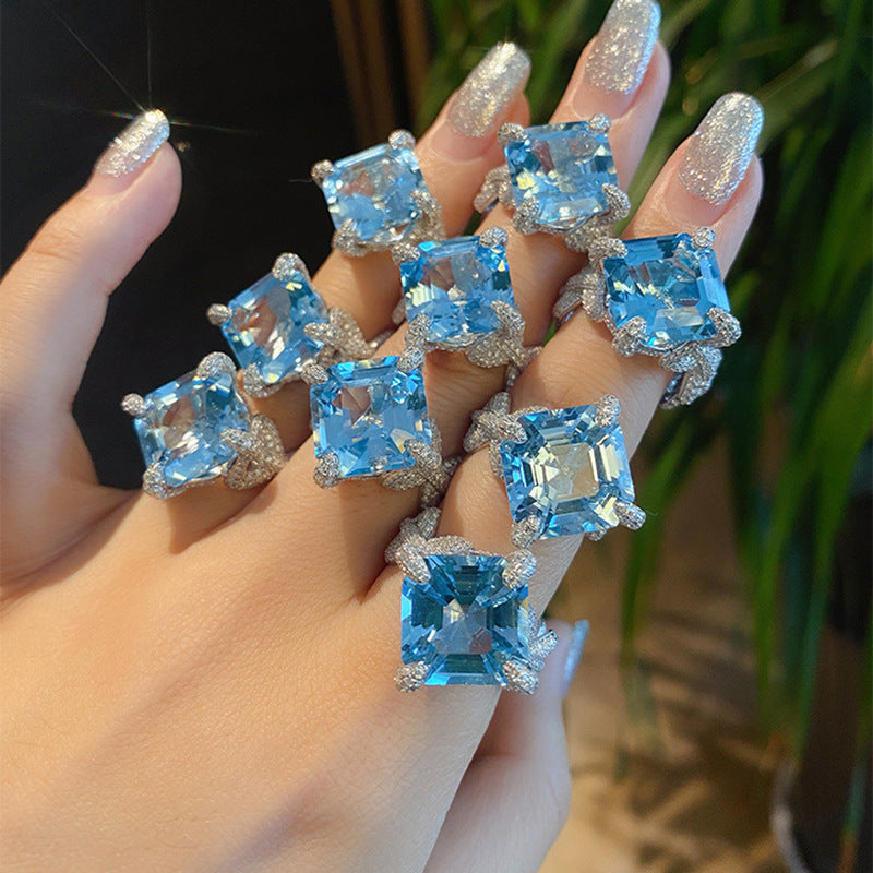 Square Cut Blue Gem Pave Ring, Sparkling Engagement Ring For Her Vera Lux