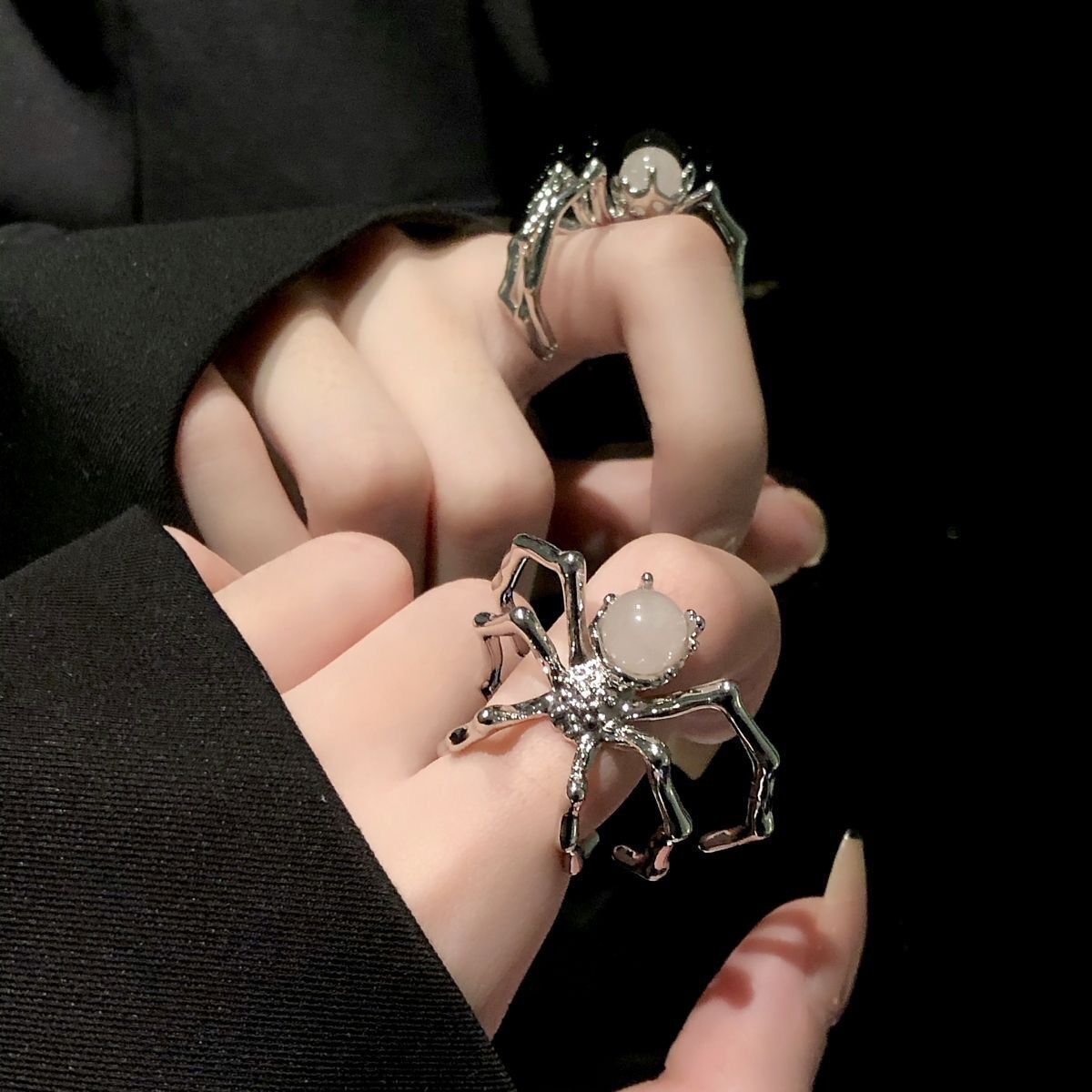 Dark Punk Spider Ring With Moonstone, Ins Style Unique Design, Minimalist Metal Cool Tone Adjustable Open Ring Vera Lux