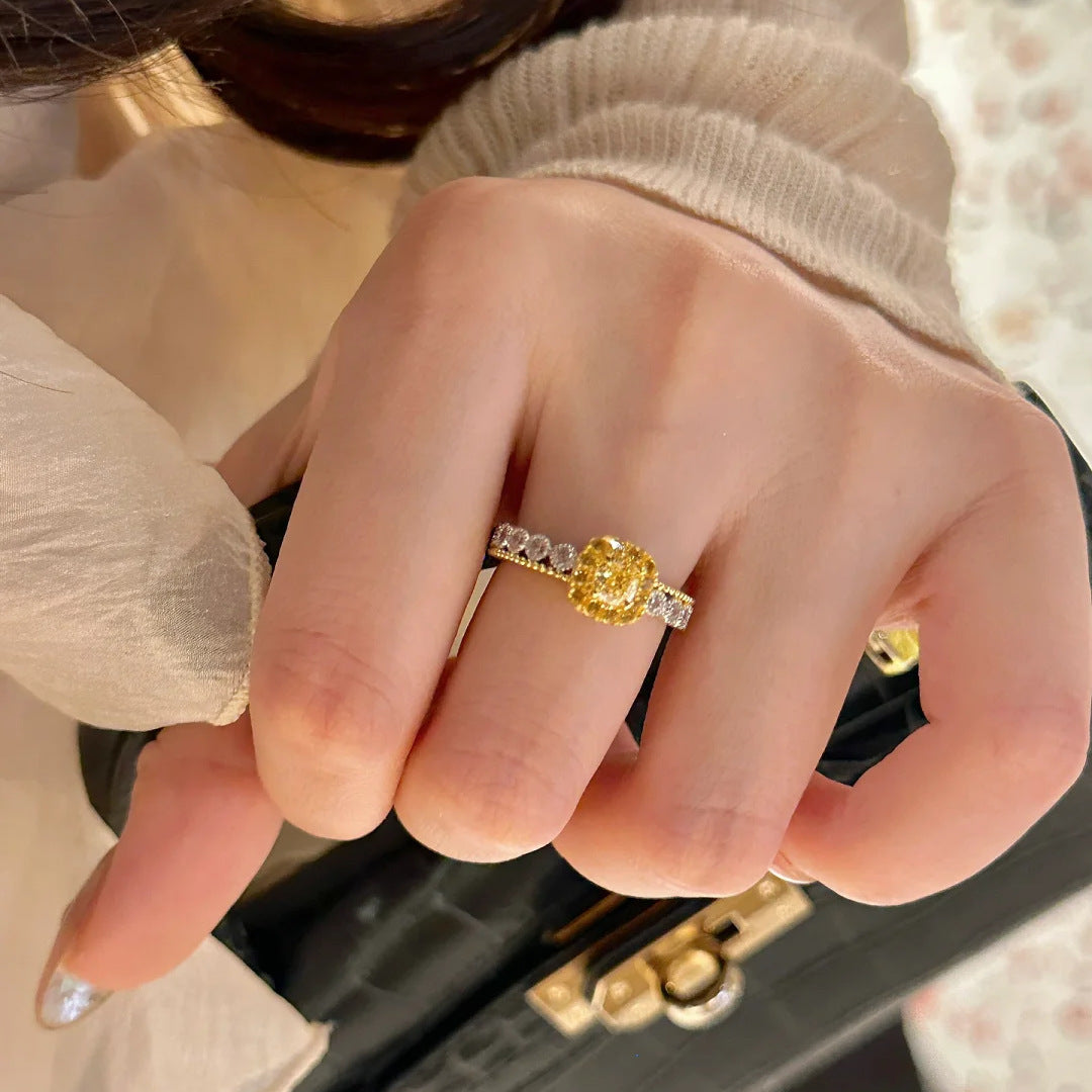 Light Luxury Yellow Diamond Sugar Cube & Pineapple Ring, Niche Design, High-End Exquisite Fashion Gemstone Ring For Women Vera Lux