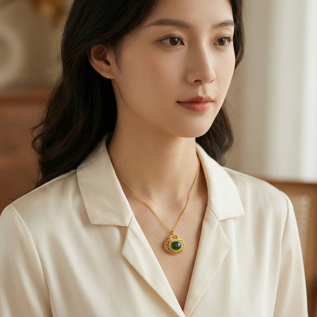 925 Sterling Silver Elegant Filigree Green Jadeite Pendant Necklace with Intricate Textured Metallic Detail Vera Lux