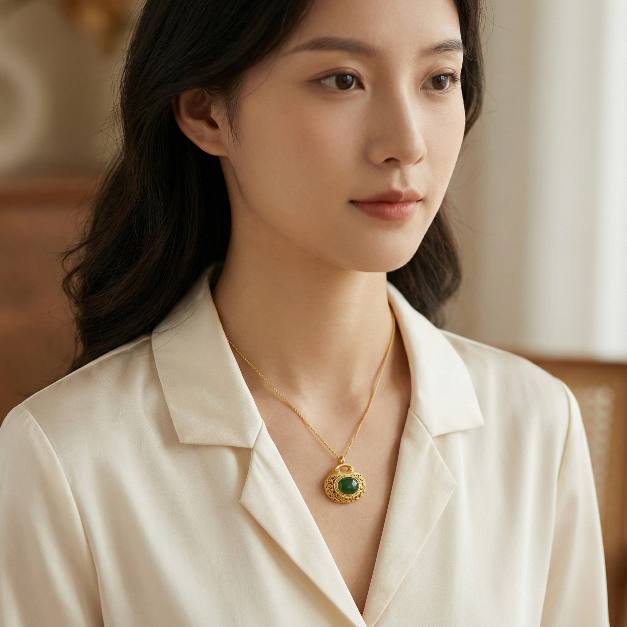 925 Sterling Silver Elegant Filigree Green Jadeite Pendant Necklace with Intricate Textured Metallic Detail Vera Lux