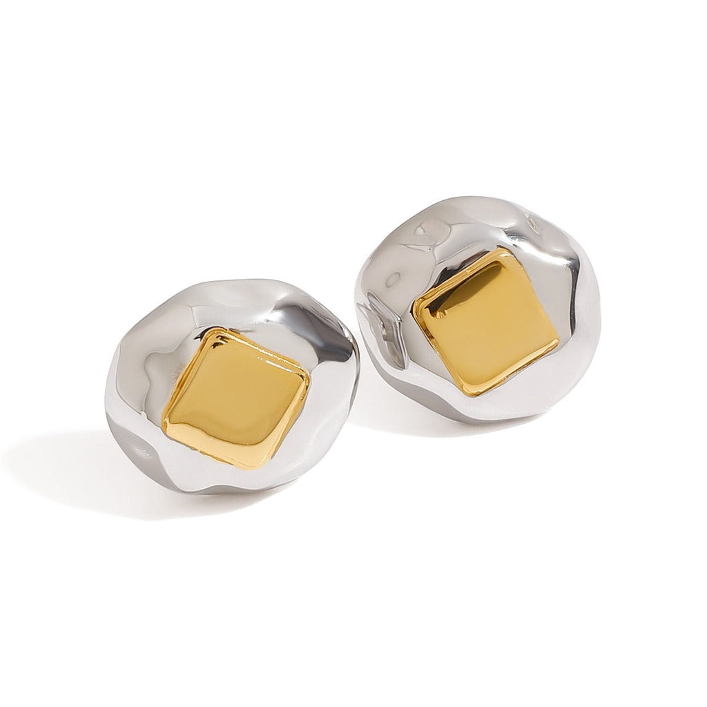 18K gold geometric inlay with gold and silver color matching design unique personality earrings Vera Lux