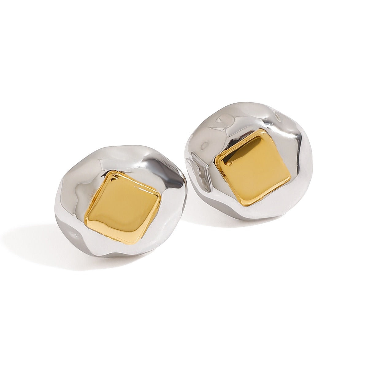 18K gold geometric inlay with gold and silver color matching design unique personality earrings Vera Lux