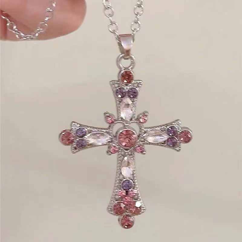 Gothic Cross Pendant Necklace For Women, Y2K Heavy Duty Bling Rhinestone Clavicle Chain, Vintage Punk Hip Hop Trendy Streetwear Jewelry Vera Lux