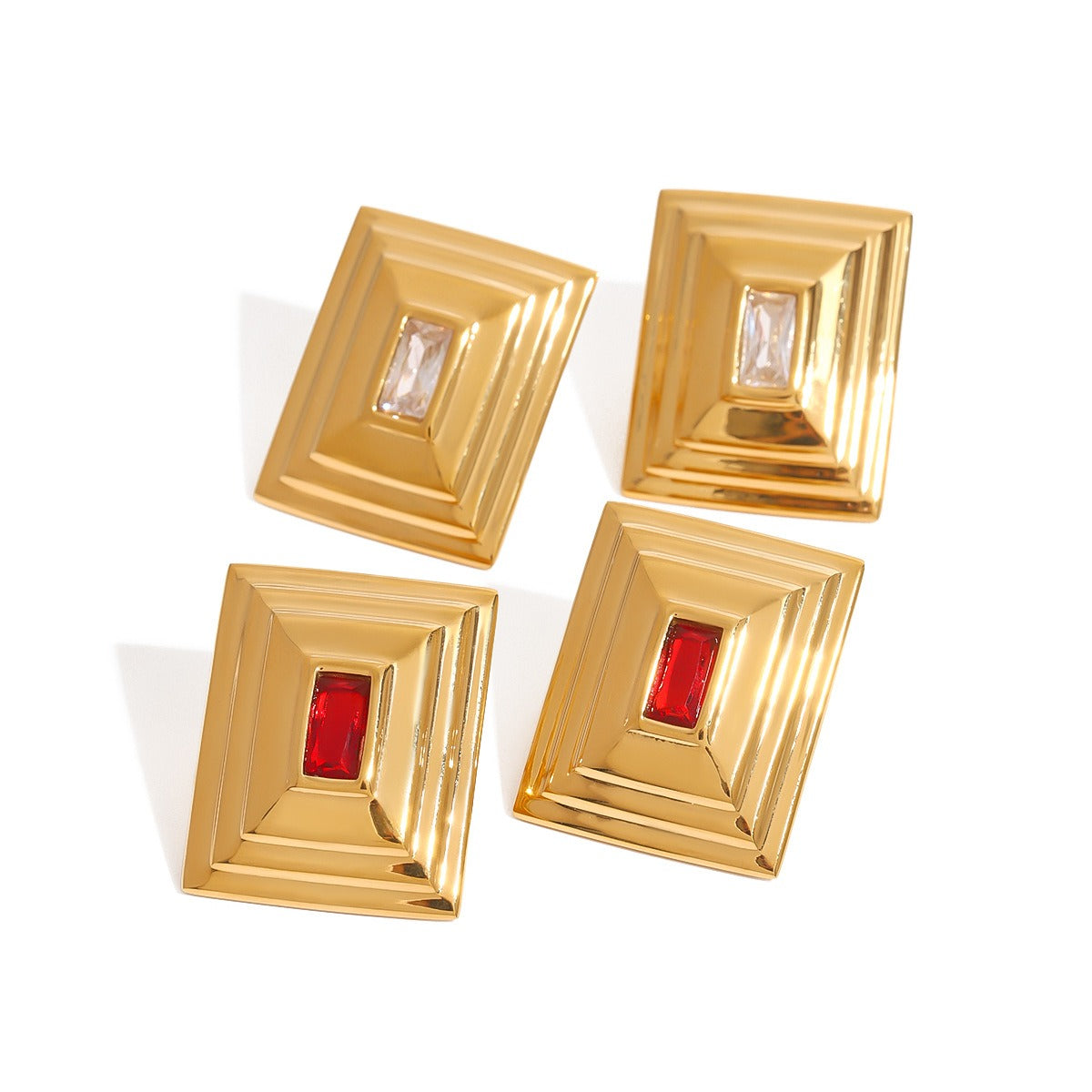 18k gold rectangular inlaid gemstone with concave pattern design exquisite and noble earrings Vera Lux