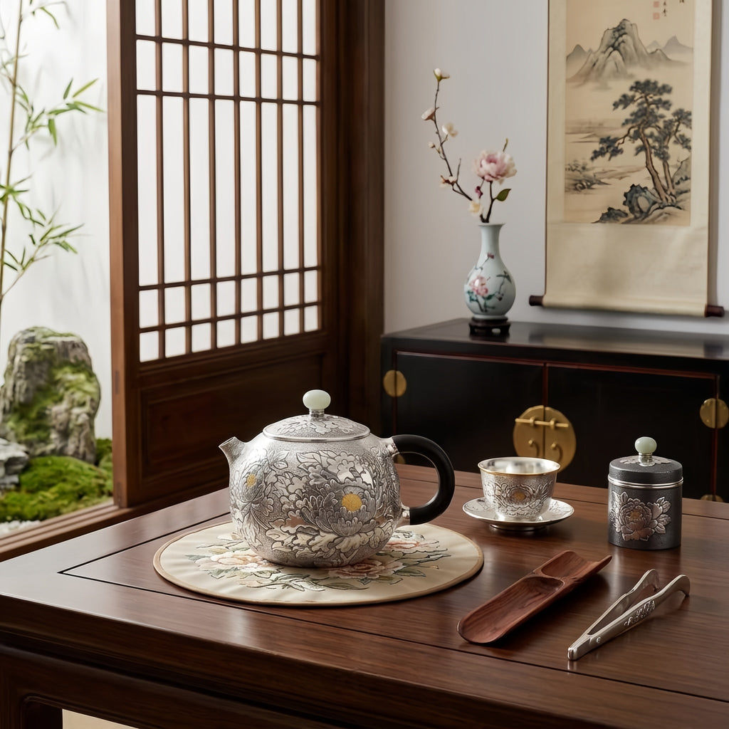Pure 999 Fine Silver Handcrafted Silver Peony Teapot with Ebony Handle and Jade Finial - Handicraft Vera Lux