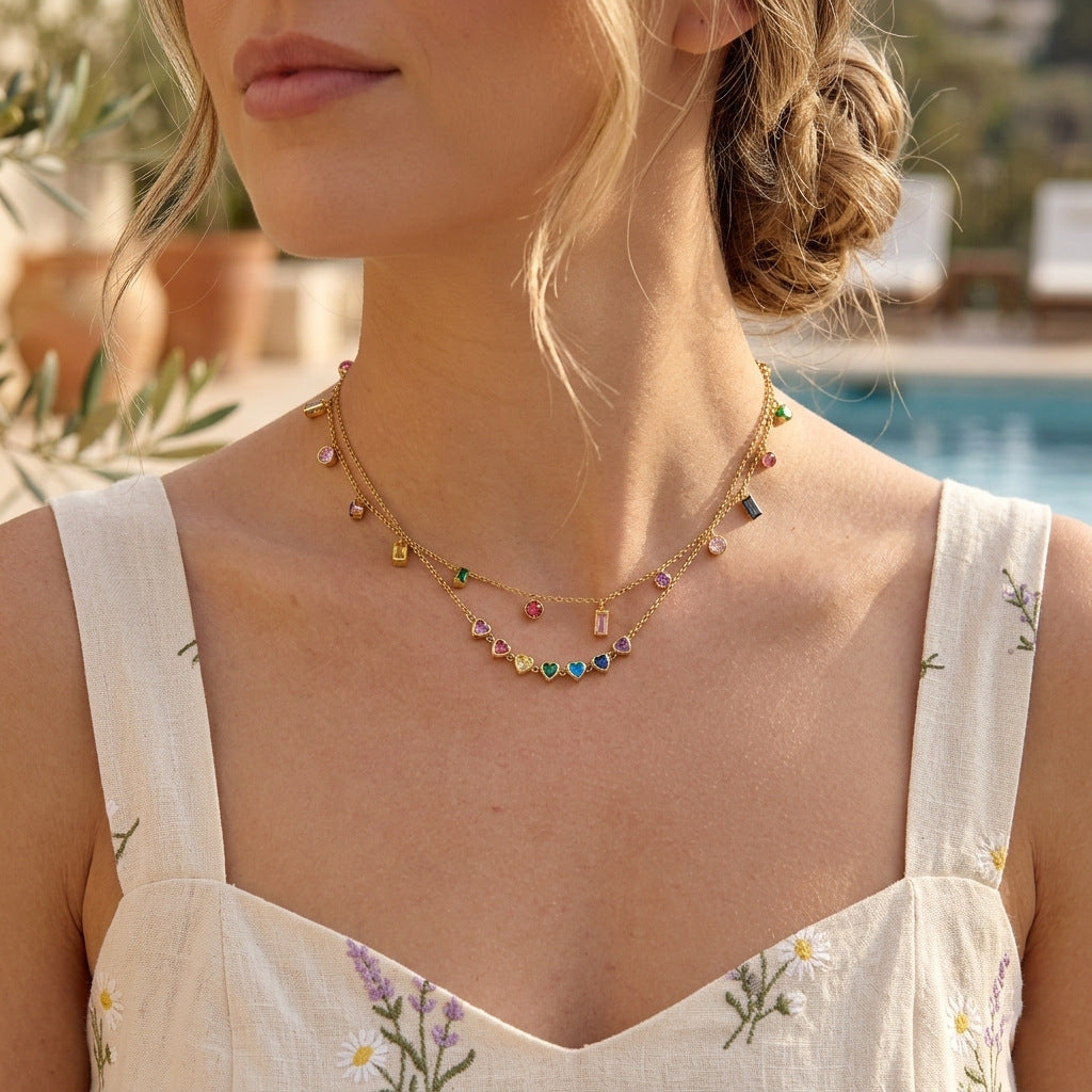 Spring Summer Vacation Jewelry Titanium Steel Colorful Zircon Necklace Light Luxury Vera Lux