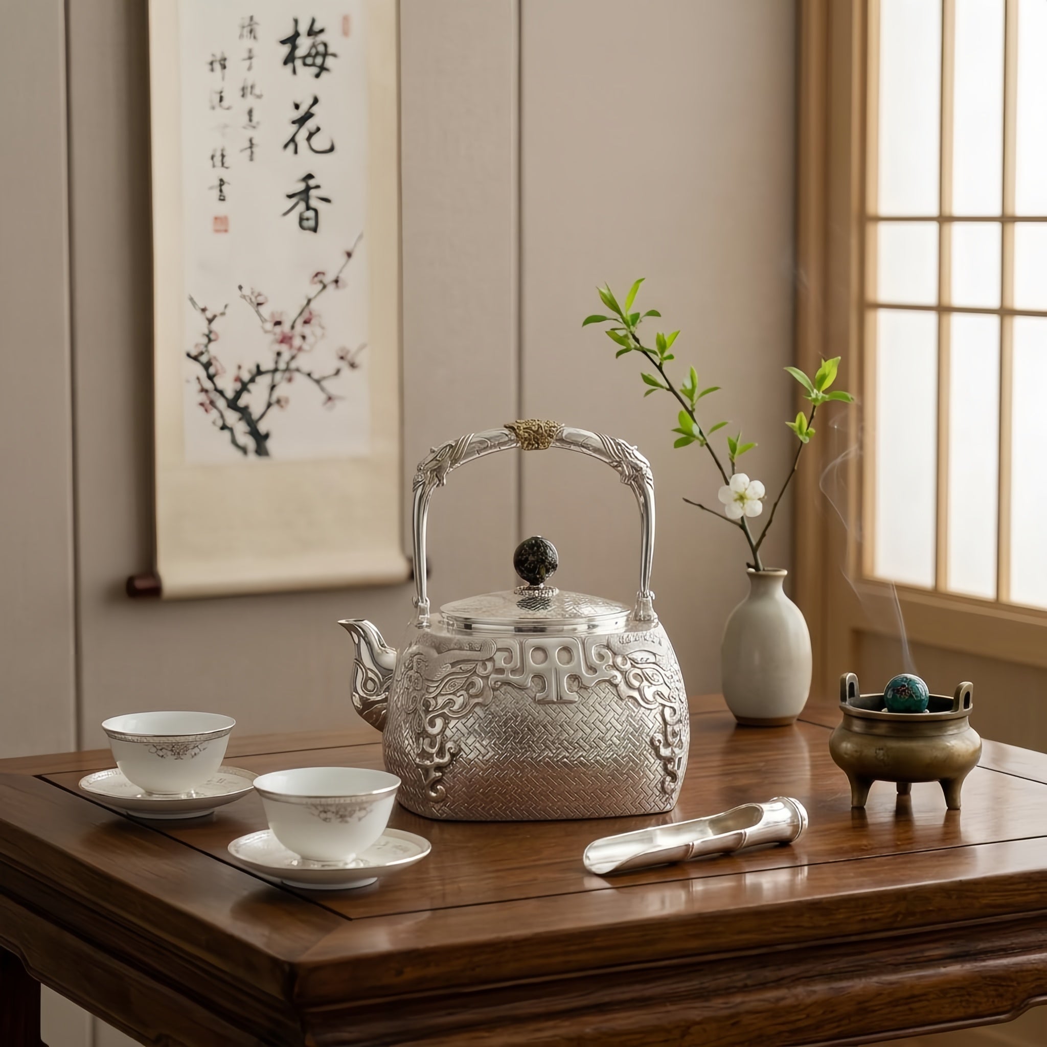 Pure 999 Fine Silver Elegant Handcrafted Silver Teapot Featuring Intricate Basketweave Texture and Traditional Oriental Filigree Accents - Handicraft Vera Lux