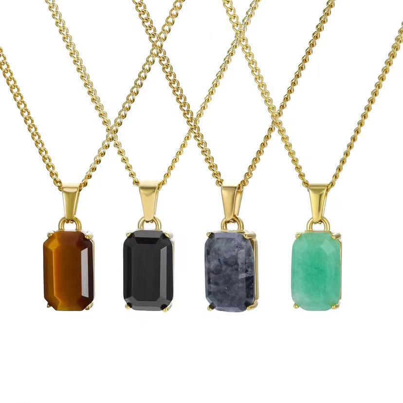 Geometric Rectangular Pendant Layered Cuban Chain Necklace Vera Lux