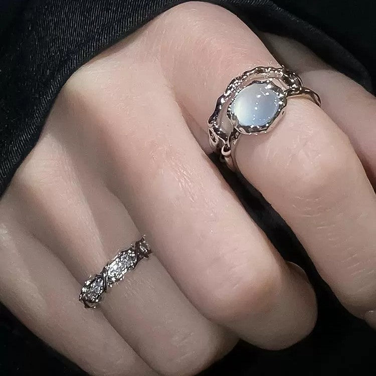 White Moonstone Couple Rings For Men & Women, Niche Zircon Inlaid French Style Adjustable Open Index Finger Jewelry Vera Lux