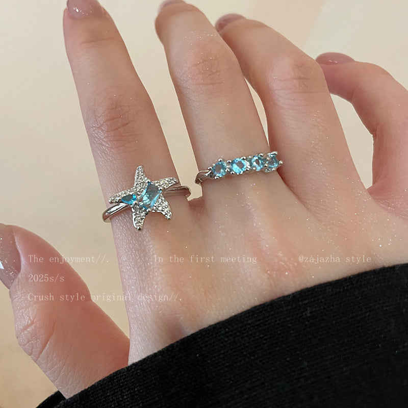 Blue Star Zircon Ring For Women, Luxury Niche High-End Index Finger Ring, Fashion Stackable Adjustable Band Vera Lux