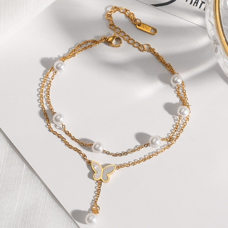 Double-layer pearl butterfly pendant shell anklet Vera Lux