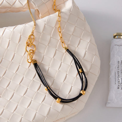 18K gold and black wax cord necklace for women, suitable for autumn and winter sweaters. Vera Lux