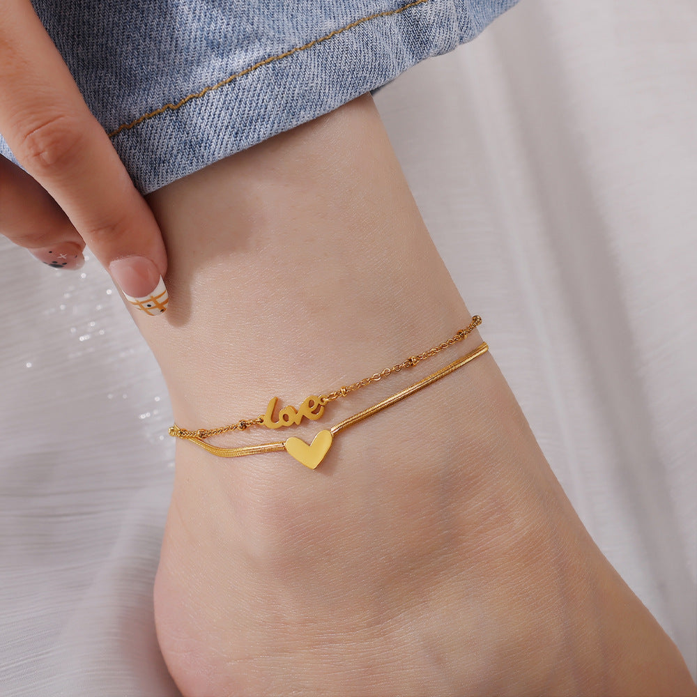 New European & American Fashion Double Layer Heart Love Pendant Anklet For Women, INS Minimalist Style, Trendy Anklet Vera Lux