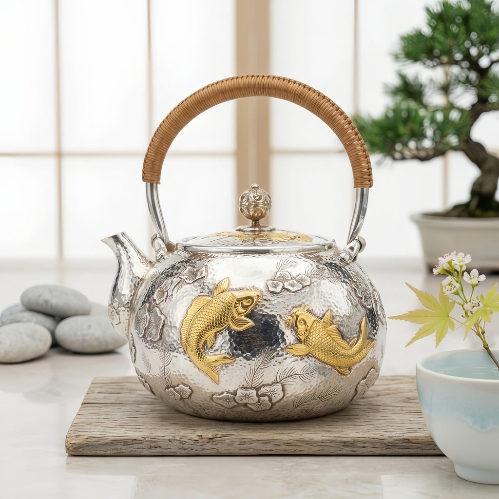 925 Sterling Silver Exquisite Silver Teapot Featuring Handcrafted Gilded Carp and Intricate Floral Motifs - Handicraft Vera Lux