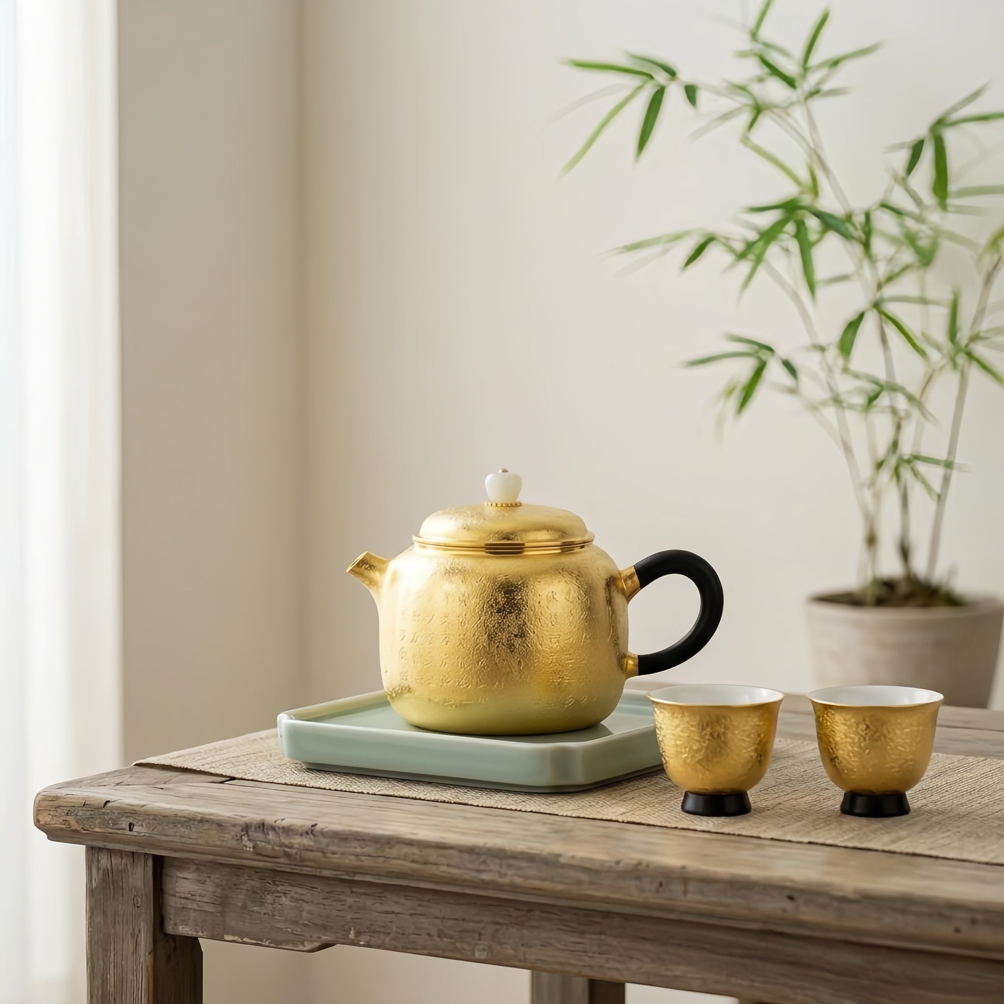 925 Sterling Silver Elegant Engraved Metallic Tea Kettle with Traditional Calligraphy and Smooth Jade Accents - Handicraft Vera Lux