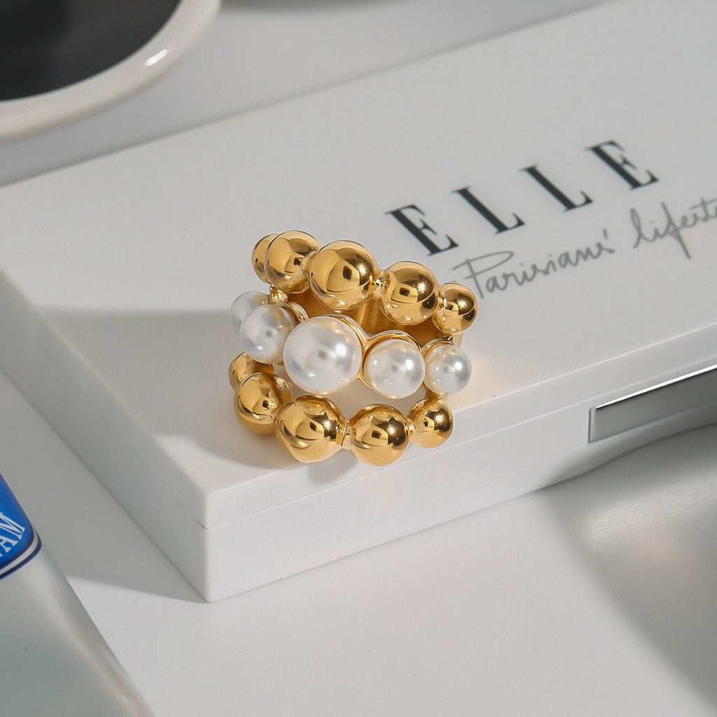 18K gold multi-layer round beads with pearl design exquisite high-end ring Vera Lux