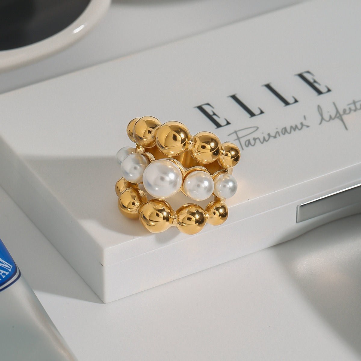 18K gold multi-layer round beads with pearl design exquisite high-end ring Vera Lux