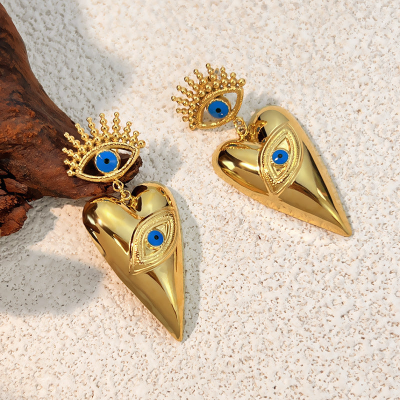 18k Gold-Plated Stainless Steel Dripping Oil Evil Eye Heart Earrings Vera Lux