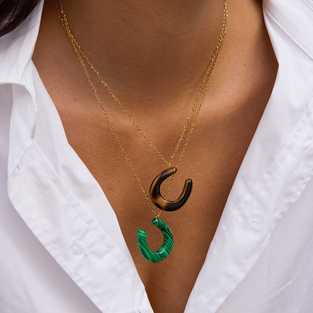 18K Stainless Steel Horseshoe U-shaped Tiger's Eye and Malachite Pendant Necklace Vera Lux