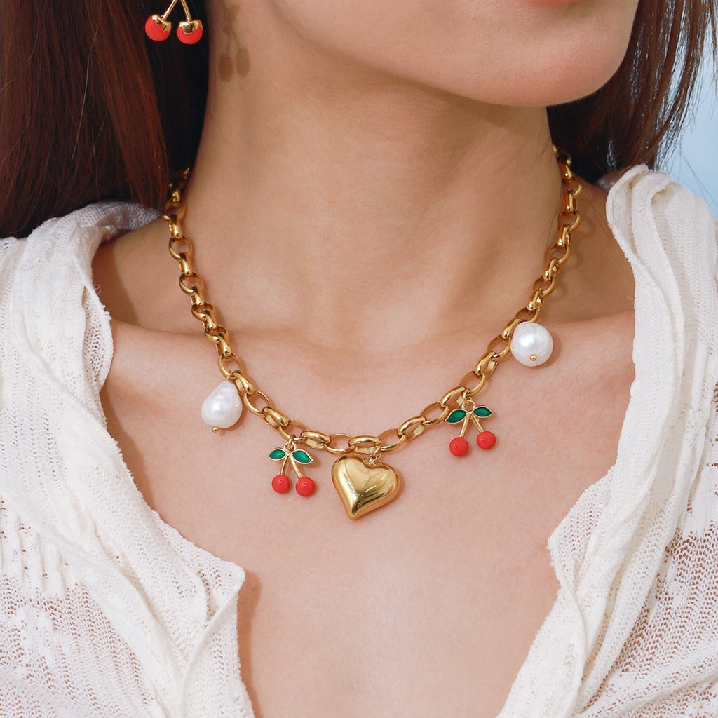 18K gold heart with cherry design exquisite and noble necklace Vera Lux