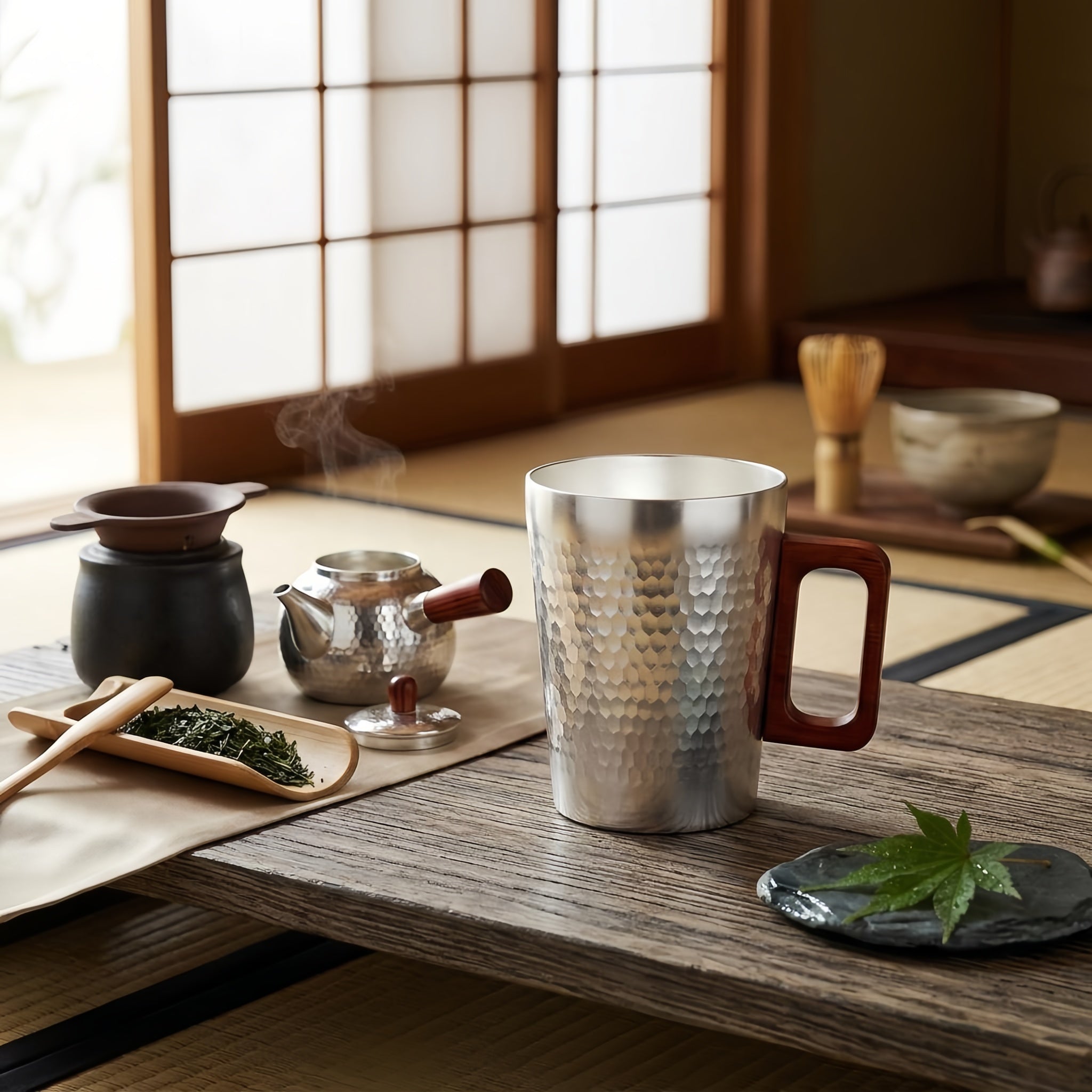 Pure 999 Fine Silver Modern Hammered Metal Coffee Mug with Rectangular Wooden Handle - Handicraft Vera Lux