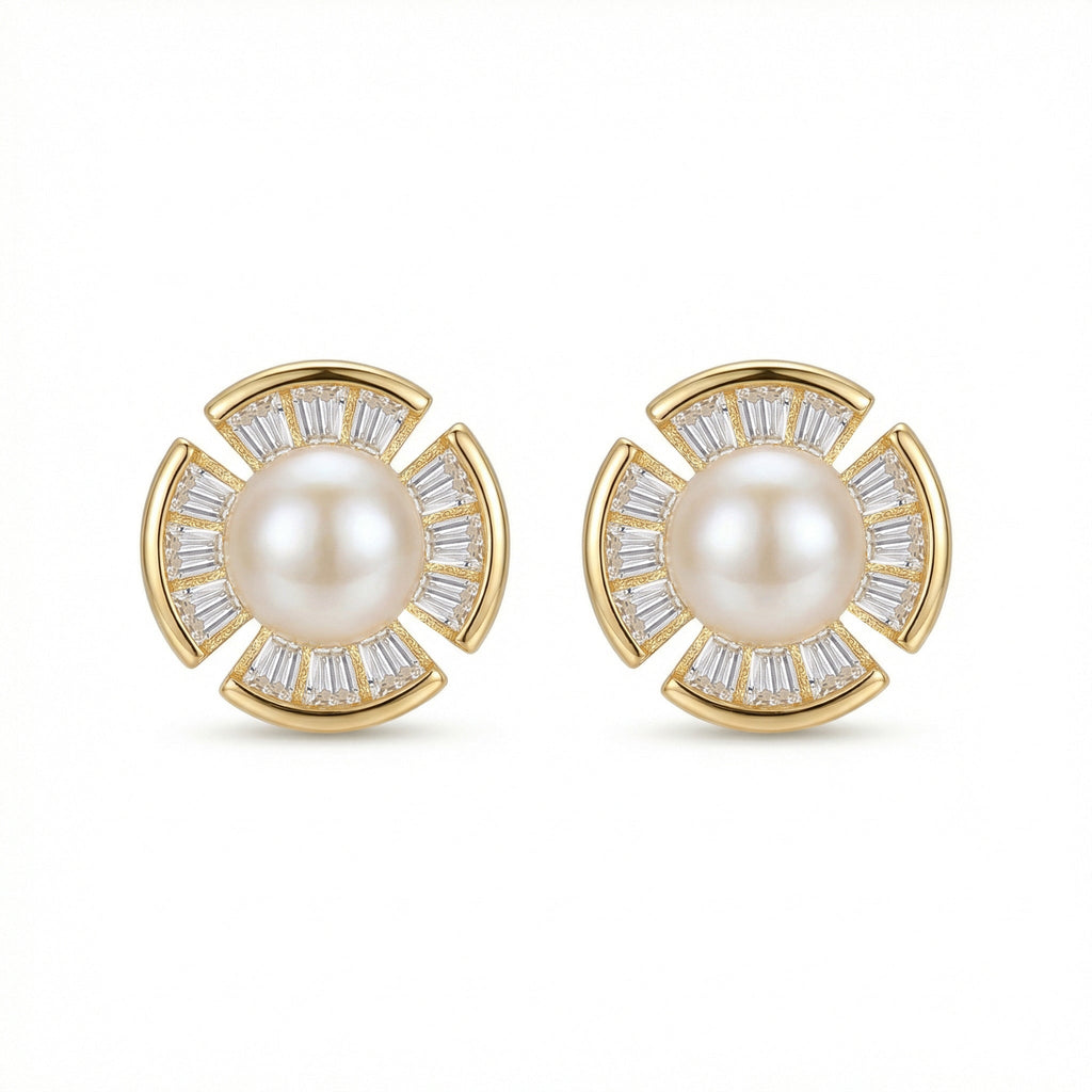 925 Sterling Silver Radiant Pearl and Baguette-Cut Fan-Shaped Stud Earrings Vera Lux