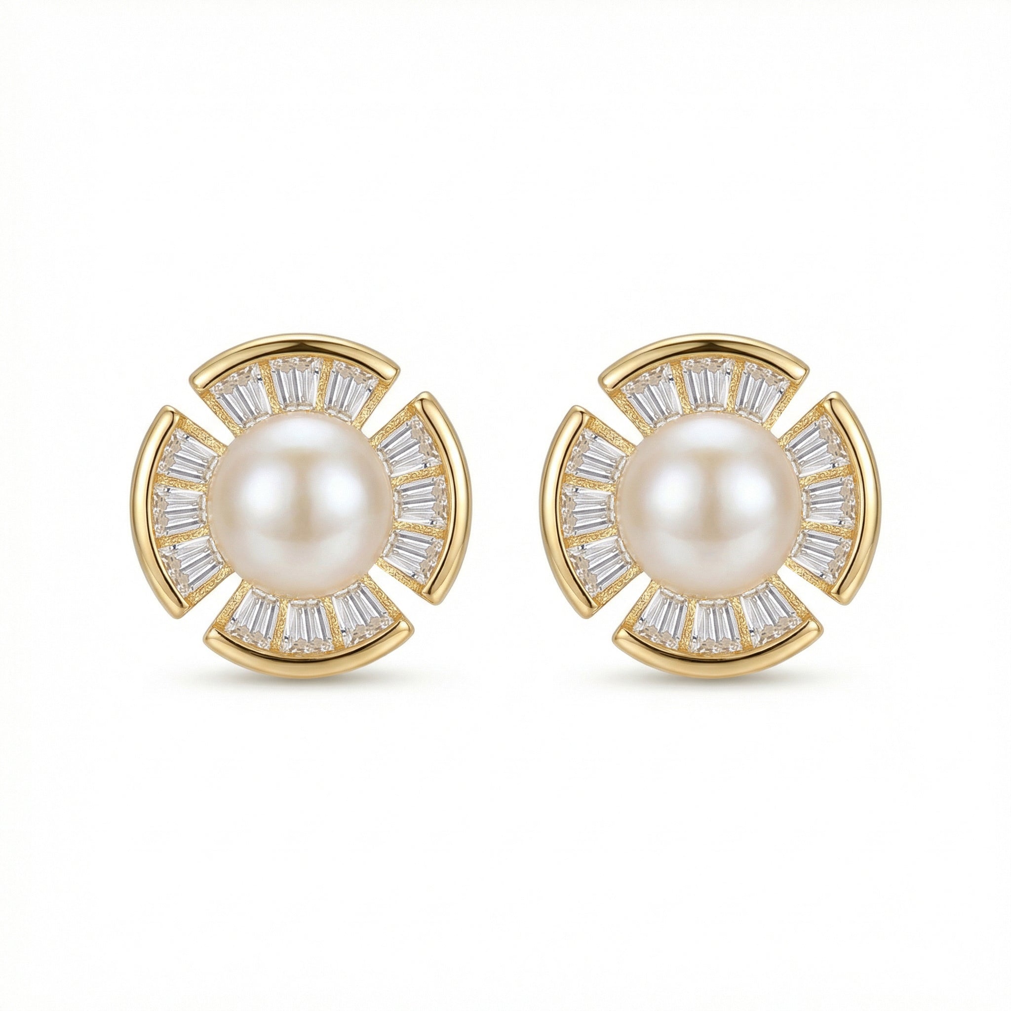 925 Sterling Silver Radiant Pearl and Baguette-Cut Fan-Shaped Stud Earrings Vera Lux