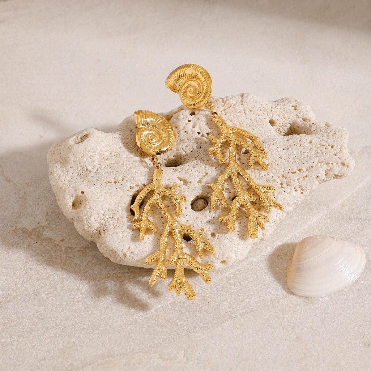 18K gold conch shell with coral design unique and noble earrings Vera Lux