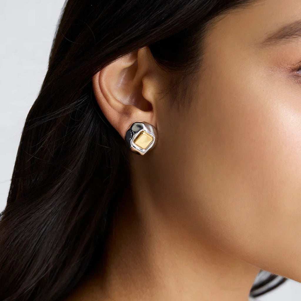 18K gold geometric inlay with gold and silver color matching design unique personality earrings Vera Lux