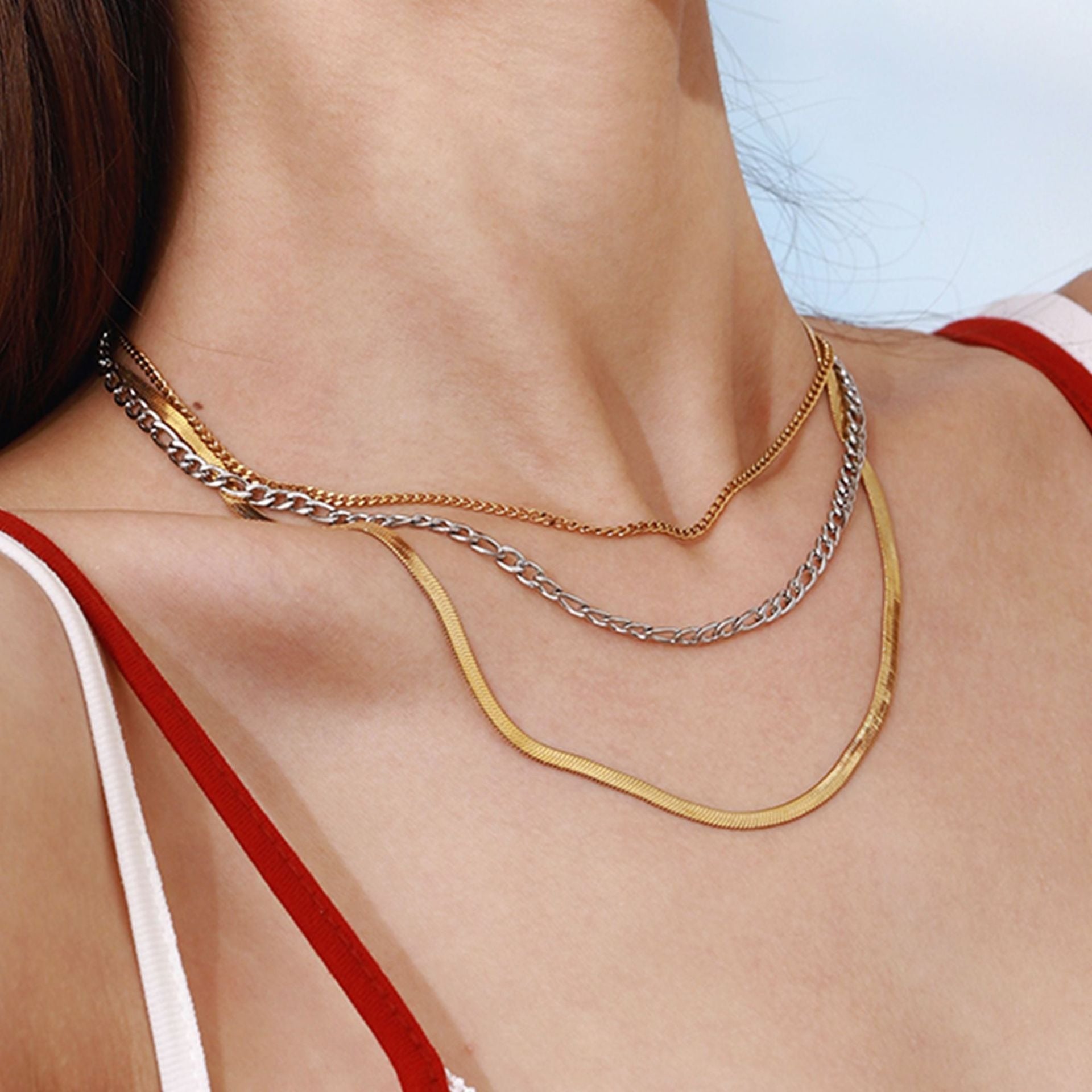 18K gold multi-layer chain with gold and silver color matching design simple personality necklace Vera Lux