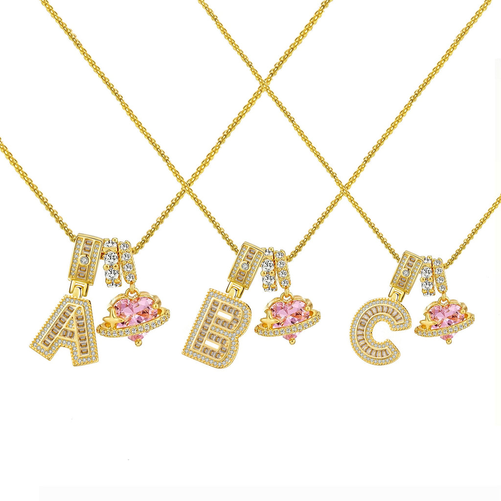 Gold-Plated Copper Planet Heart Pendant Necklace With Diamonds Vera Lux