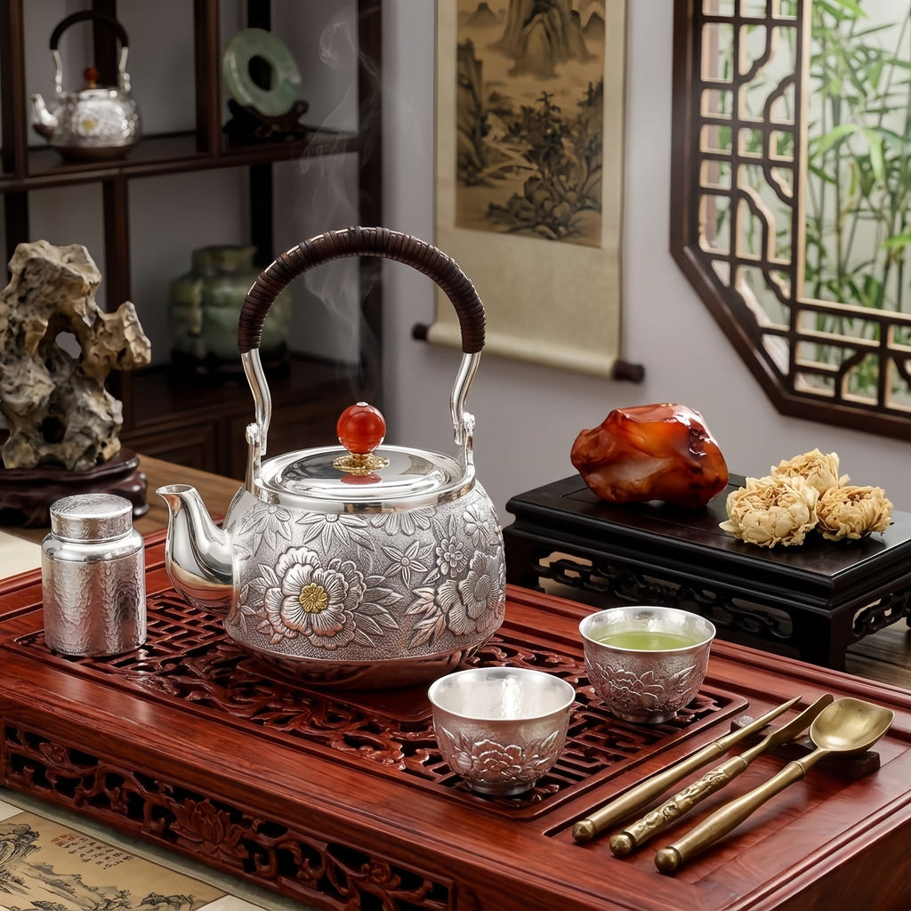 925 Sterling Silver Handcrafted Silver Floral Teapot with Red Agate Knob and Woven Handle - Handicraft Vera Lux