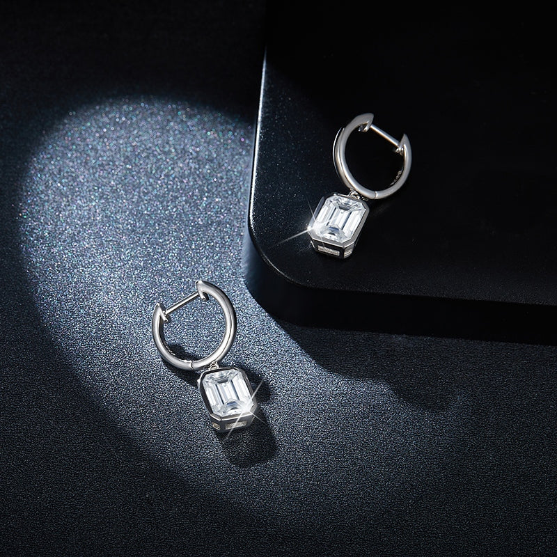 S925 Sterling Silver Emerald Cut Moissanite Dangle Earrings  6x8mm Huggie Hoop Drop Earrings Platinum Plated Jewelry Gift Box Set Vera Lux