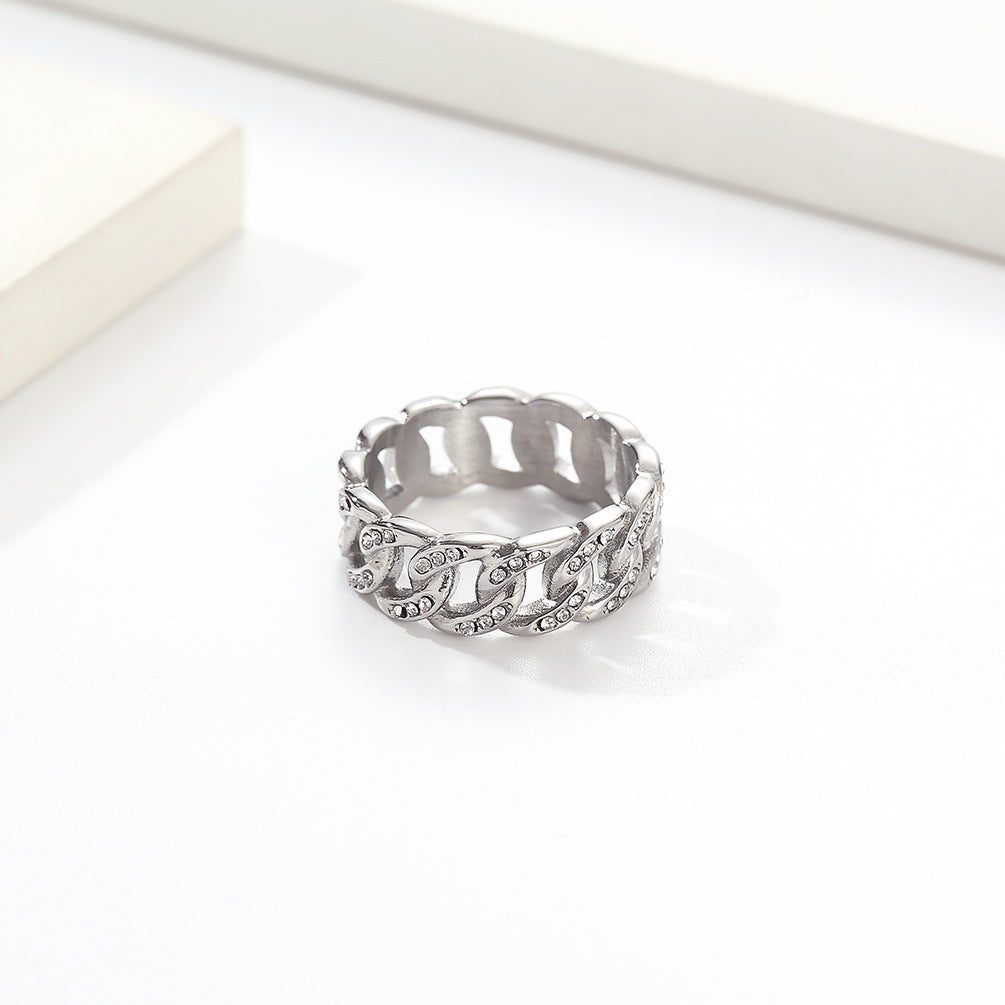 Titanium Steel Cuban-link Ring With Rhinestones Vera Lux
