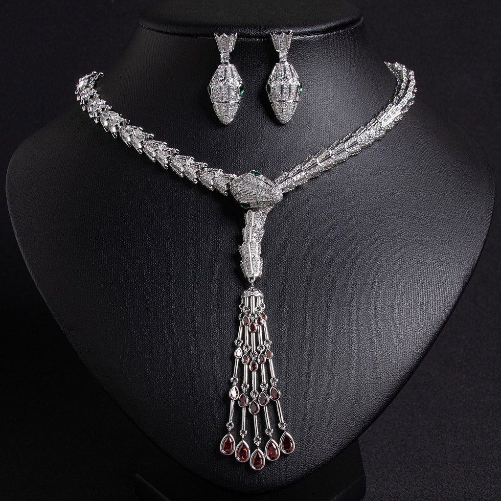 Serpentine Teardrop Tassel Zircon Earrings & Necklace Set Vera Lux