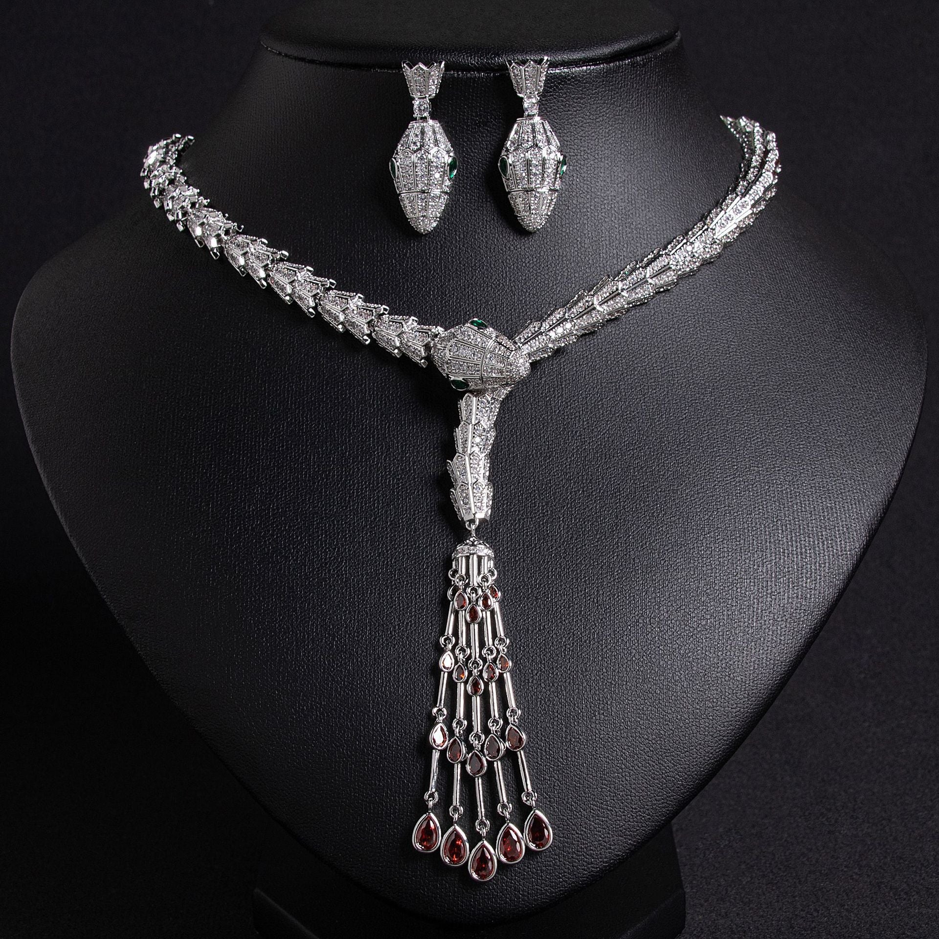 Serpentine Teardrop Tassel Zircon Earrings & Necklace Set Vera Lux