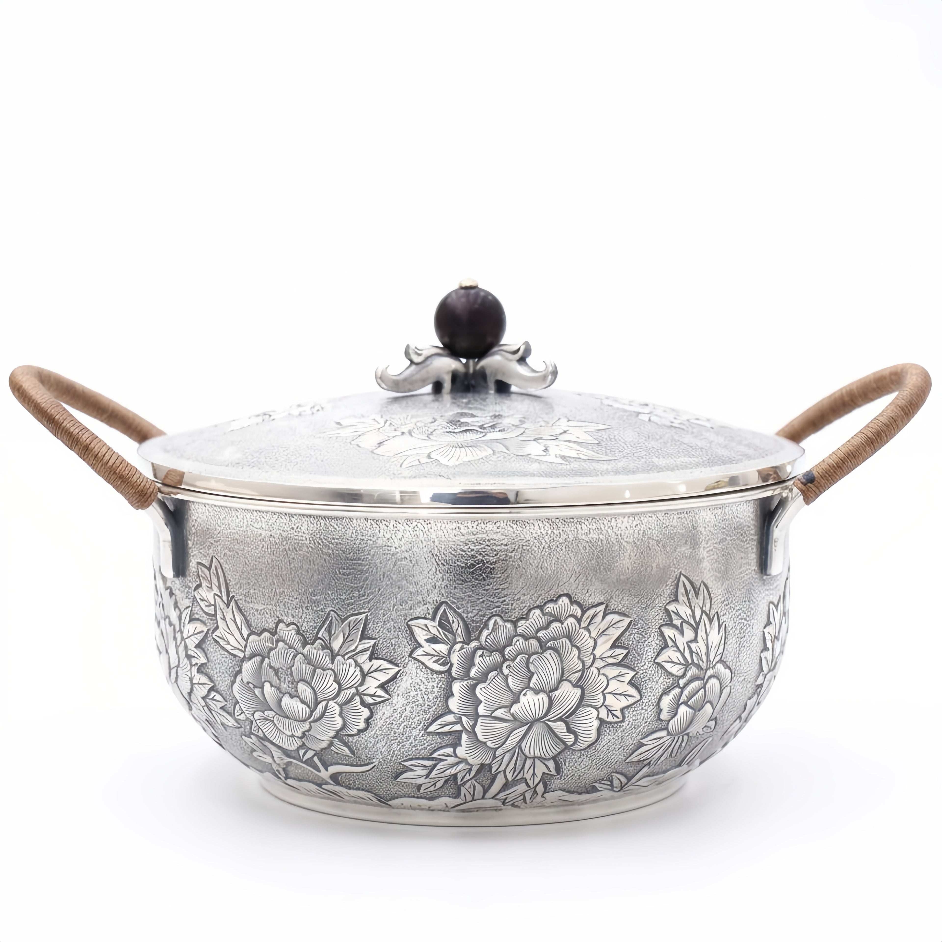 925 Sterling Silver Elegant Handcrafted  Serving Pot with Floral Motifs and Wooden Handles-Premium Hot Pot - Handicraft Vera Lux