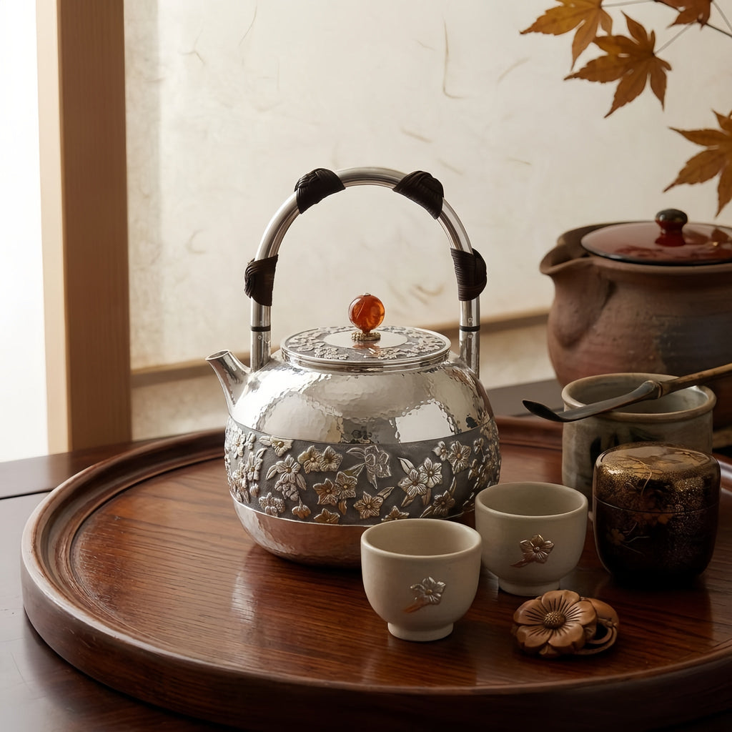 Pure 999 Fine Silver Elegant Hammered Silver Teapot with Intricate Floral Relief and Woven Handle - Handicraft Vera Lux