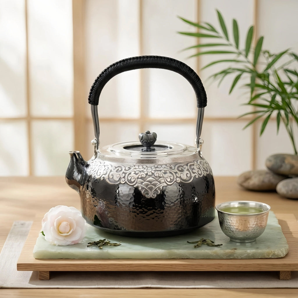 925 Sterling Silver Hand-Hammered Silver Teapot with Intricate Filigree Engraving and Wrapped Handle - Handicraft Vera Lux