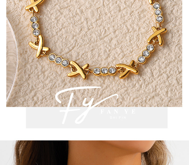 X-shaped Diamond-studded Necklace Set For Ladies - Luxurious And High-end, Featuring A Sparkling Array Of Diamonds And A Stainless Steel Bracelet Accessory. Vera Lux