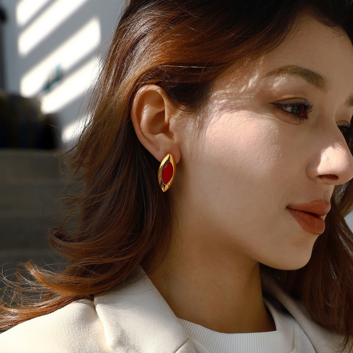 18K gold geometric oval inlaid gemstone design exquisite dazzling earrings Vera Lux