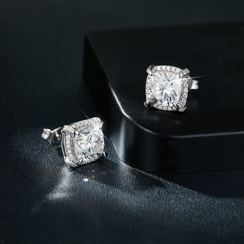 S925 Sterling Silver 8x8mm Cushion Cut Moissanite Stud Earrings  Platinum Plated Halo Setting With GRA Certificate Luxury Jewelry Gift Box Set For Women Vera Lux