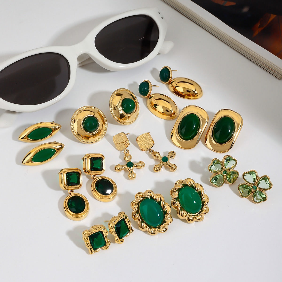 18K gold geometric/flower-shaped inlaid gemstone design light luxury noble earrings Vera Lux