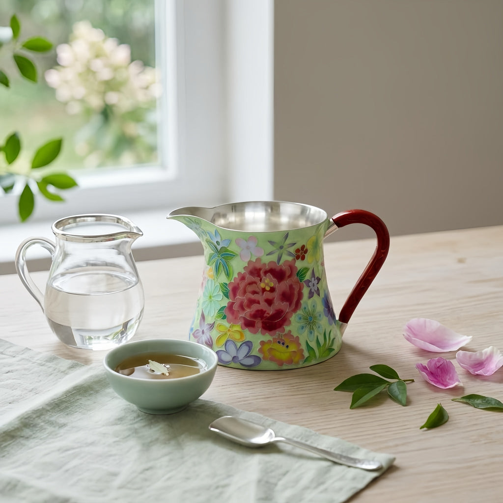 Pure 999 Fine Silver Elegant Hand-Painted Enamel Floral Pitcher with Red Sculpted Handle - Handicraft Vera Lux