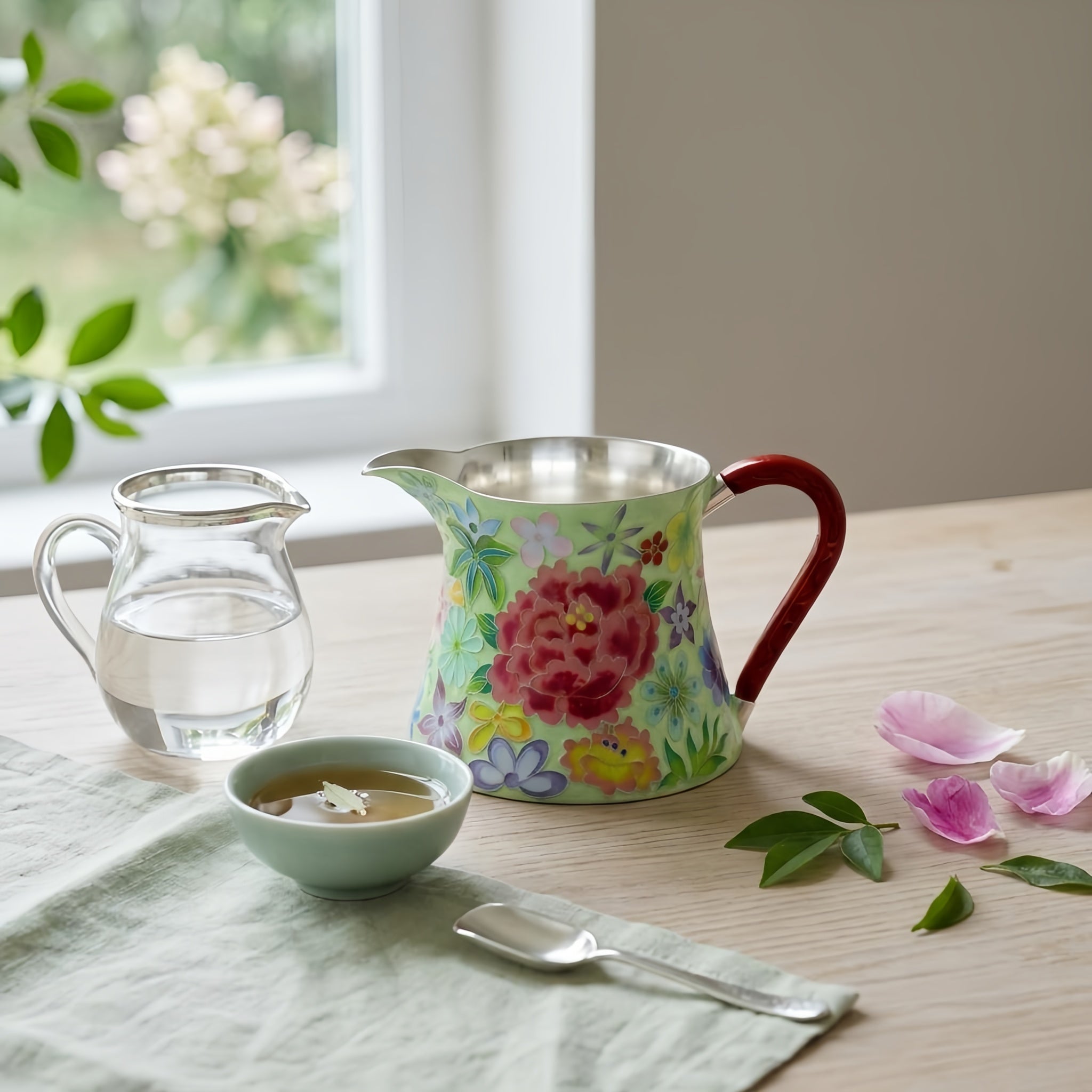 Pure 999 Fine Silver Elegant Hand-Painted Enamel Floral Pitcher with Red Sculpted Handle - Handicraft Vera Lux