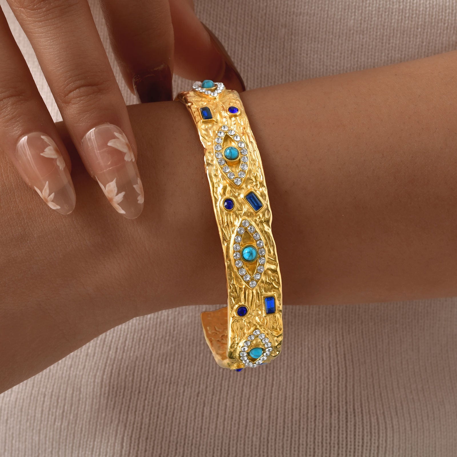 Stainless Steel Zircon Turquoise Eye Open Bracelet In Gold Color Vera Lux
