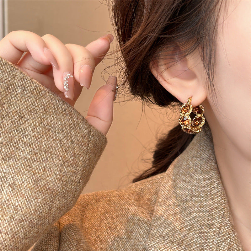 Elegant Light-luxury Coffee-colored Crystal Hoop Ear Clips Vera Lux